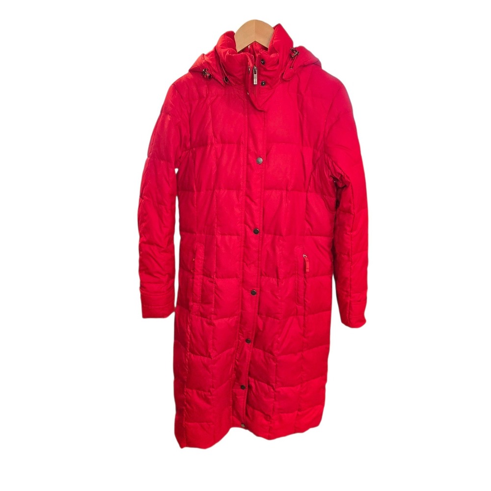 Lands' End Red Long Puffer Coat Women's S Detachable Hood Maxi Winter